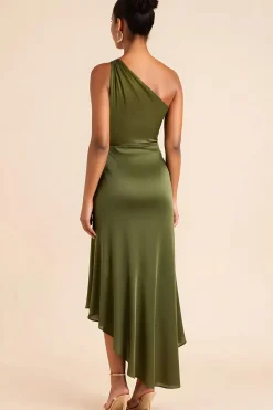 Olive One Shoulder cetim chá comprimento vestido dama de honra