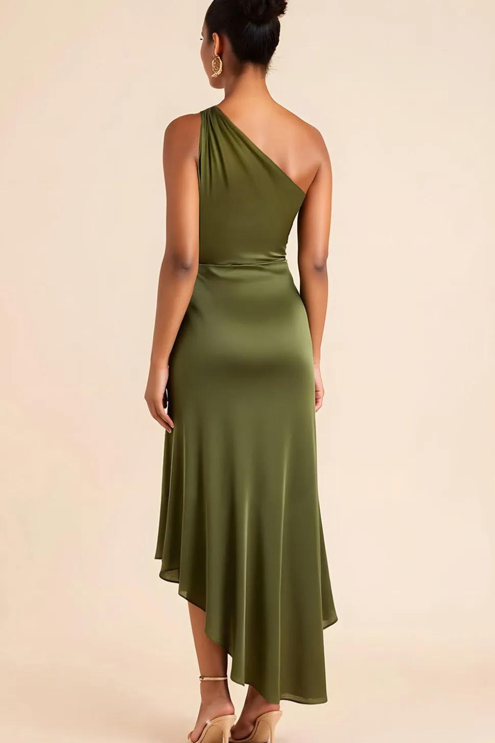 Olive One Shoulder cetim chá comprimento vestido dama de honra