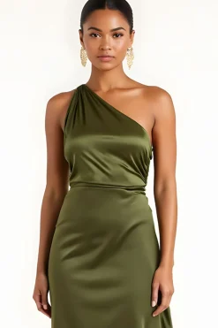 Olive One Shoulder cetim chá comprimento vestido dama de honra