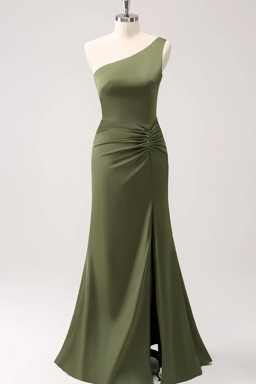 Olive One Shoulder Sereia Cetim Vestido Longo Madrinha