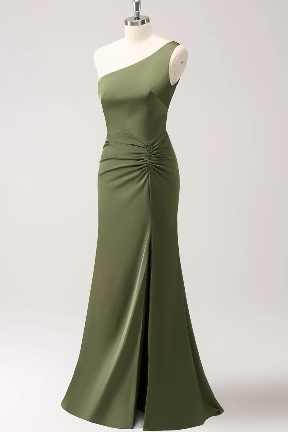 Olive One Shoulder Sereia Cetim Vestido Longo Madrinha