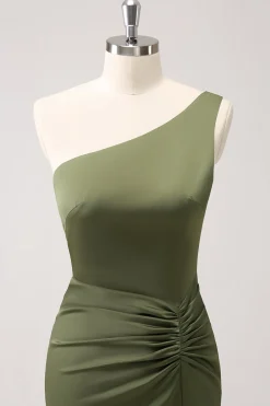 Olive One Shoulder Sereia Cetim Vestido Longo Madrinha