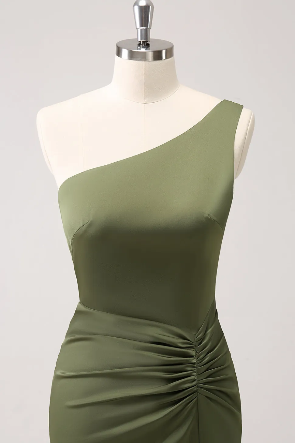 Olive One Shoulder Sereia Cetim Vestido Longo Madrinha