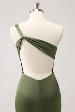 Olive One Shoulder Sereia Cetim Vestido Longo Madrinha