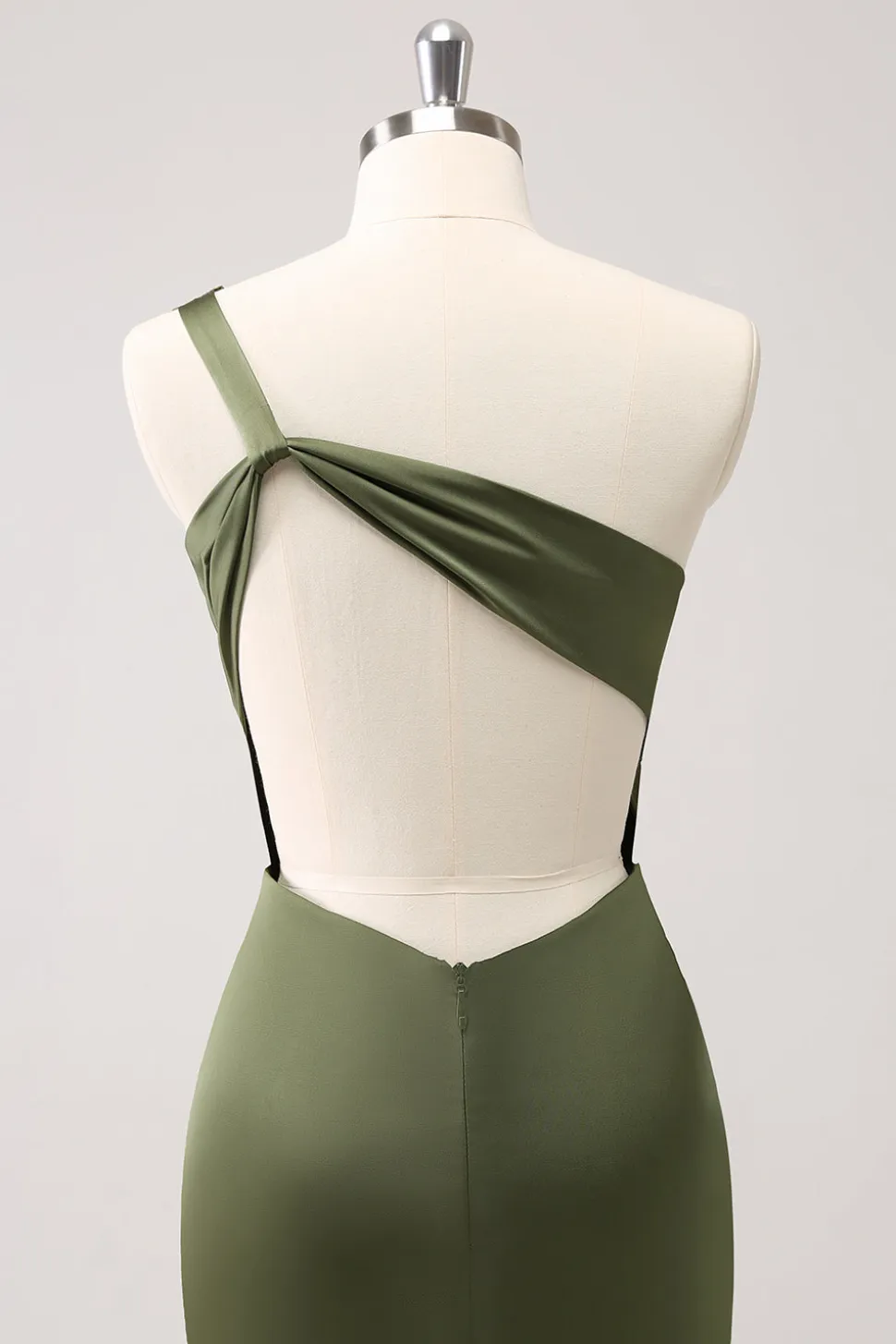 Olive One Shoulder Sereia Cetim Vestido Longo Madrinha