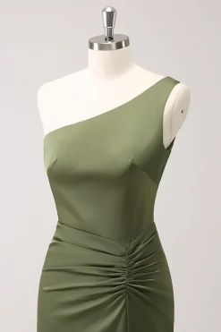 Olive One Shoulder Sereia Cetim Vestido Longo Madrinha