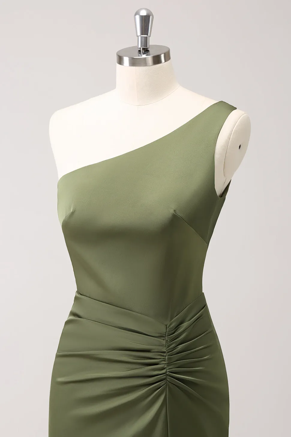 Olive One Shoulder Sereia Cetim Vestido Longo Madrinha