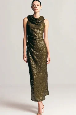 Olive Sequins Cowl Neck Bainha Vestido Formal