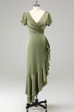 Olive V Pescoço Cetim Bainha Vestido de Noiva com Folhos
