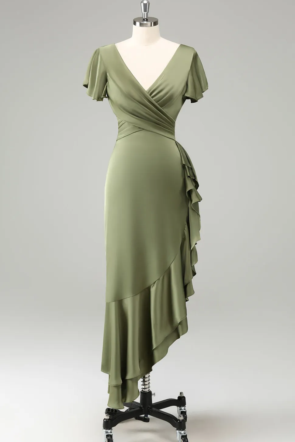 Olive V Pescoço Cetim Bainha Vestido de Noiva com Folhos