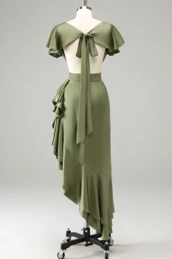 Olive V Pescoço Cetim Bainha Vestido de Noiva com Folhos