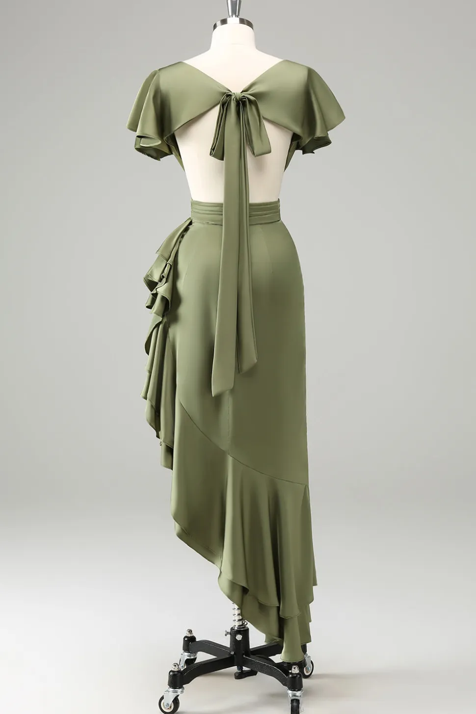 Olive V Pescoço Cetim Bainha Vestido de Noiva com Folhos