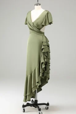 Olive V Pescoço Cetim Bainha Vestido de Noiva com Folhos
