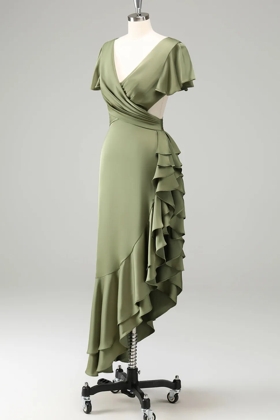 Olive V Pescoço Cetim Bainha Vestido de Noiva com Folhos