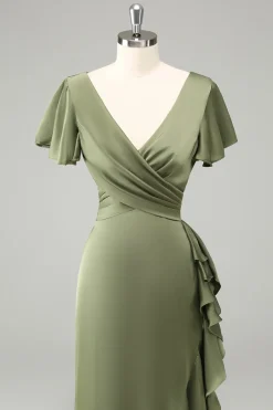 Olive V Pescoço Cetim Bainha Vestido de Noiva com Folhos