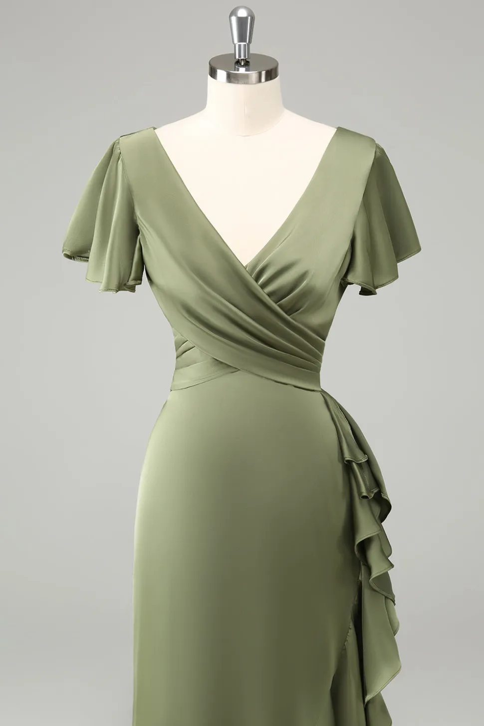 Olive V Pescoço Cetim Bainha Vestido de Noiva com Folhos