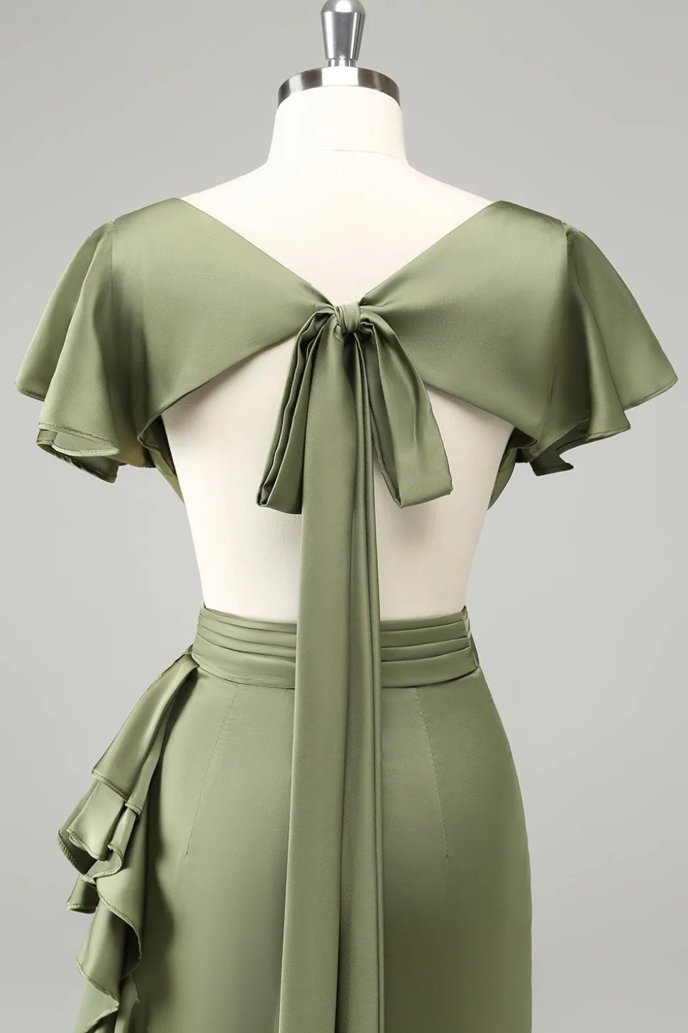 Olive V Pescoço Cetim Bainha Vestido de Noiva com Folhos
