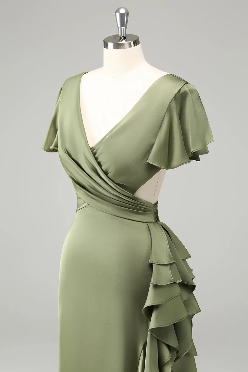 Olive V Pescoço Cetim Bainha Vestido de Noiva com Folhos