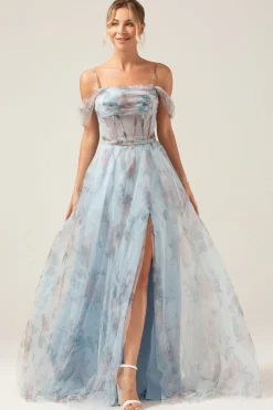 Ombro frio A-Line azul estampado vestido de baile de espartilho longo com fenda
