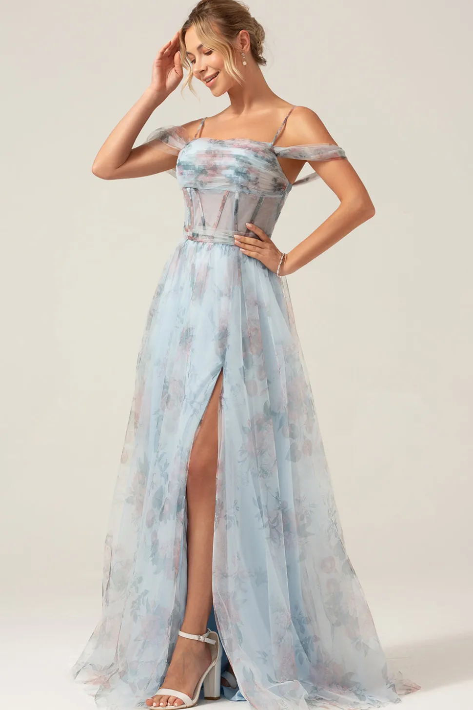 Ombro frio A-Line azul estampado vestido de baile de espartilho longo com fenda