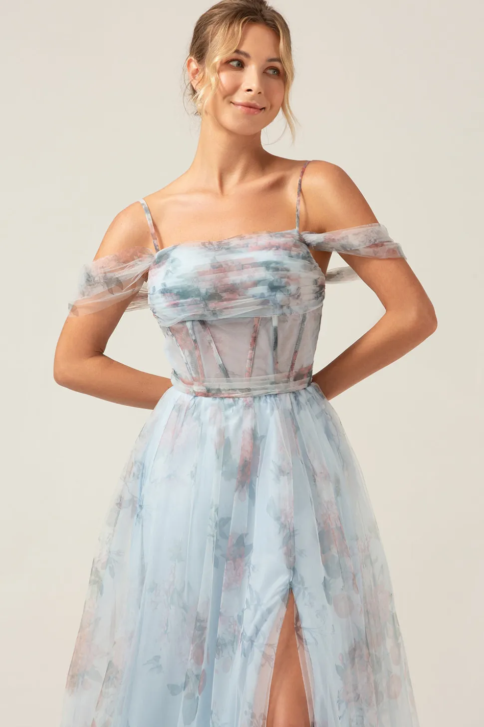 Ombro frio A-Line azul estampado vestido de baile de espartilho longo com fenda