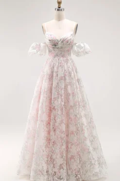 Ombro frio Blush flor estampada uma linha longo vestido de baile