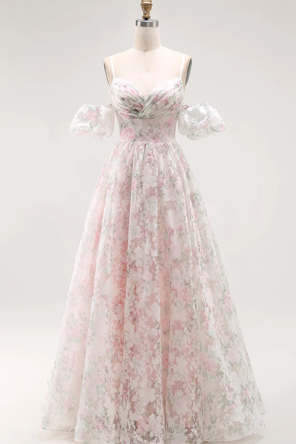 Ombro frio Blush flor estampada uma linha longo vestido de baile