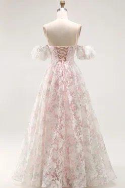 Ombro frio Blush flor estampada uma linha longo vestido de baile