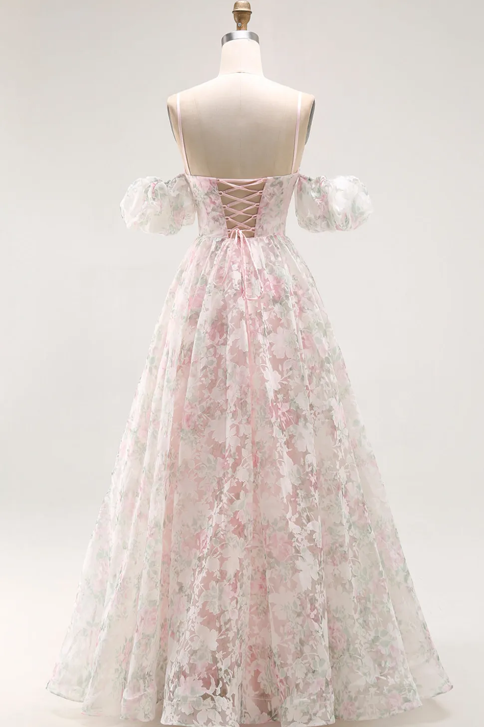 Ombro frio Blush flor estampada uma linha longo vestido de baile