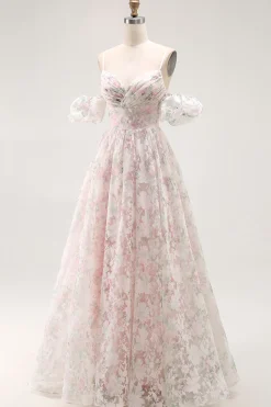 Ombro frio Blush flor estampada uma linha longo vestido de baile