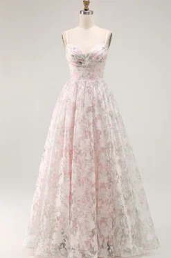 Ombro frio Blush flor estampada uma linha longo vestido de baile