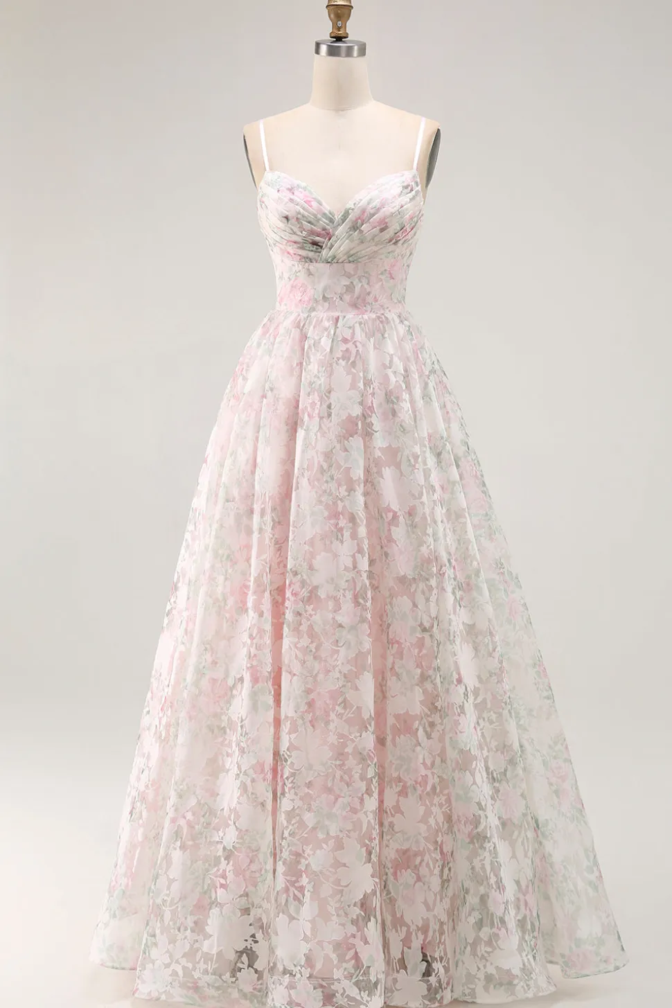 Ombro frio Blush flor estampada uma linha longo vestido de baile