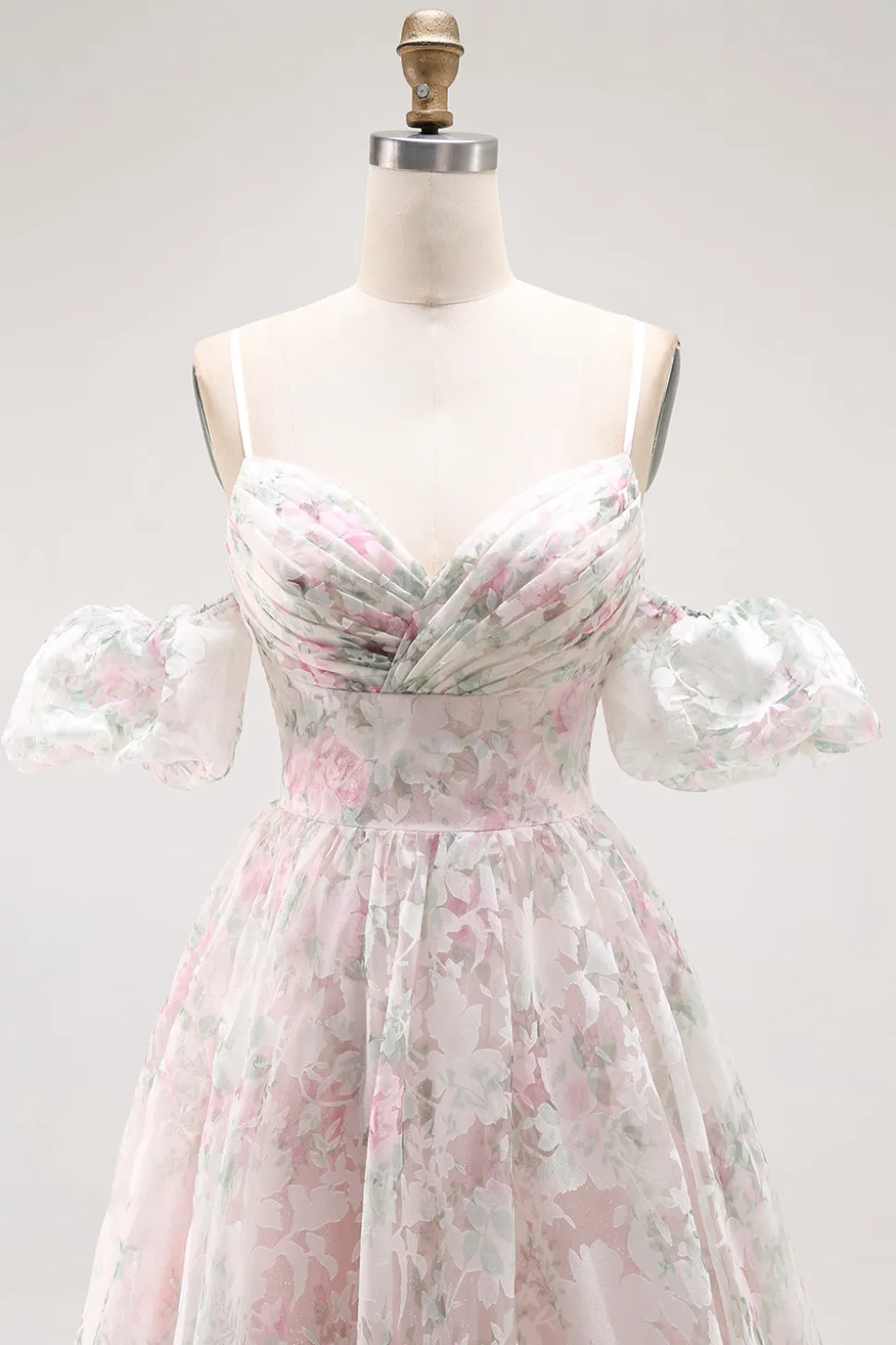 Ombro frio Blush flor estampada uma linha longo vestido de baile
