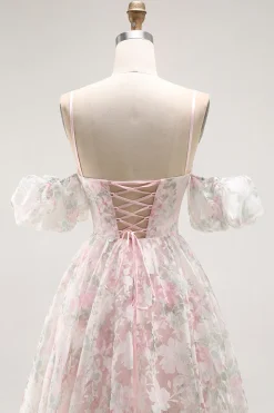 Ombro frio Blush flor estampada uma linha longo vestido de baile