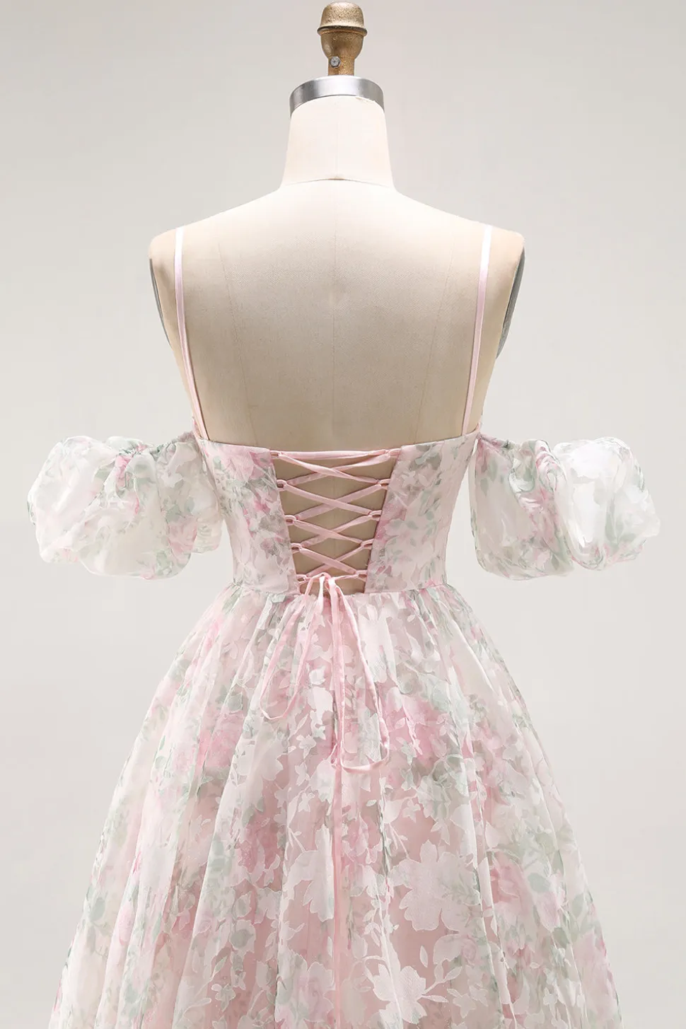 Ombro frio Blush flor estampada uma linha longo vestido de baile