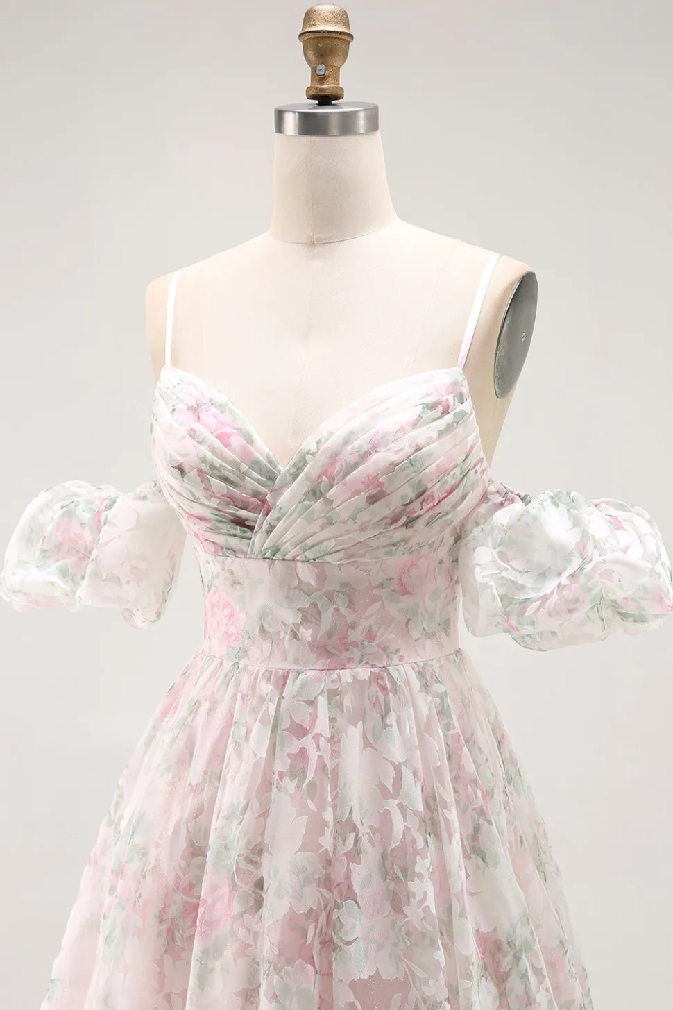 Ombro frio Blush flor estampada uma linha longo vestido de baile