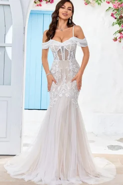 Ombro frio espartilho de tule sereia vestido de noiva com apliques