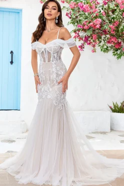 Ombro frio espartilho de tule sereia vestido de noiva com apliques