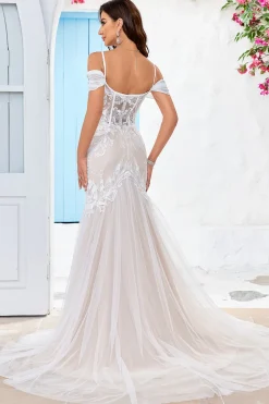Ombro frio espartilho de tule sereia vestido de noiva com apliques