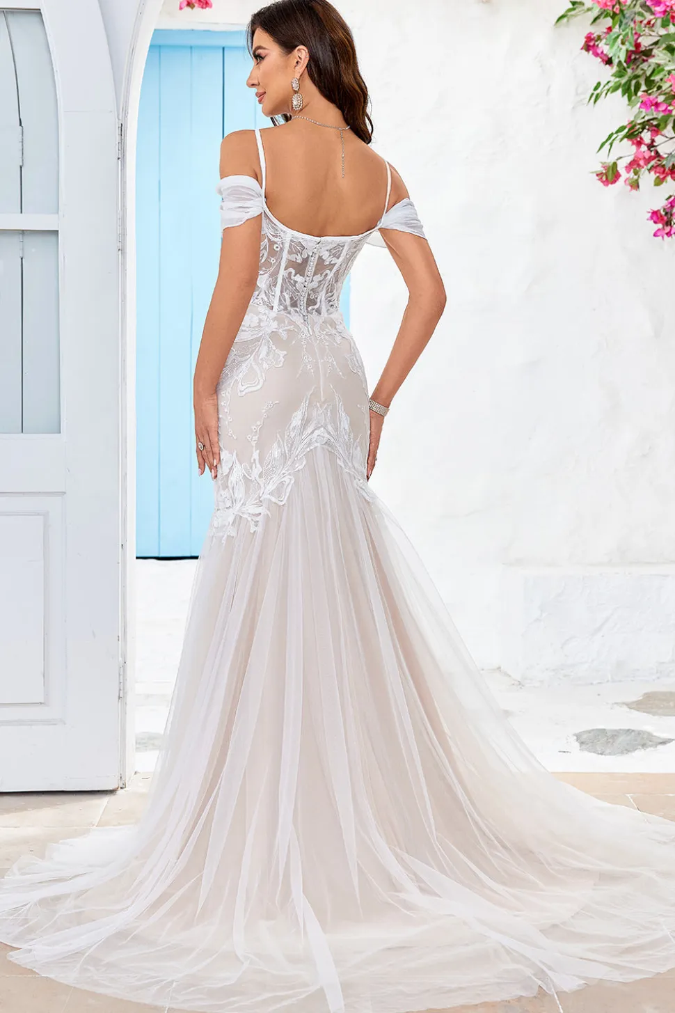 Ombro frio espartilho de tule sereia vestido de noiva com apliques