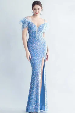 Ombro frio Sequins Blue Corset Prom Dress com penas