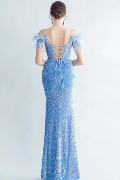 Ombro frio Sequins Blue Corset Prom Dress com penas