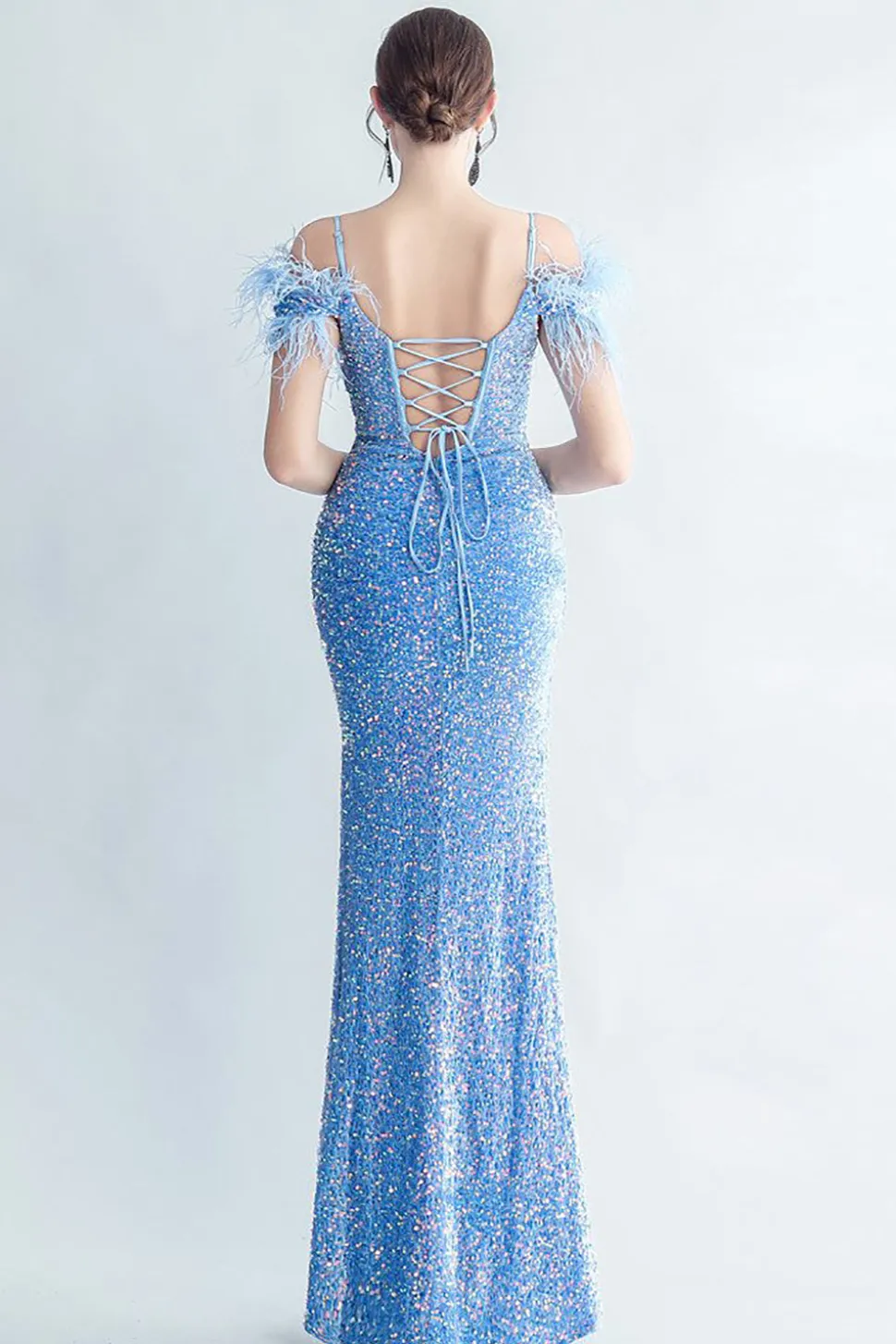 Ombro frio Sequins Blue Corset Prom Dress com penas
