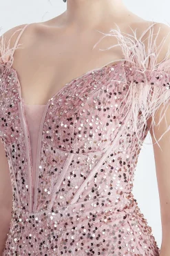 Ombro frio Sequins Blue Corset Prom Dress com penas