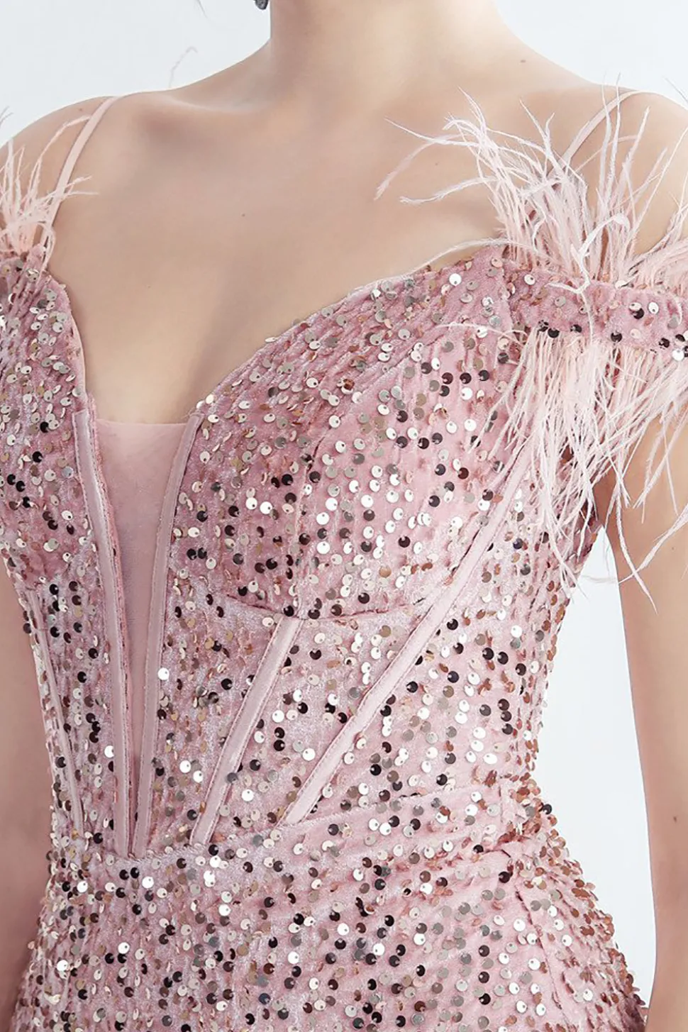 Ombro frio Sequins Blue Corset Prom Dress com penas