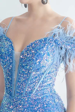 Ombro frio Sequins Blue Corset Prom Dress com penas