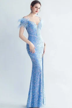 Ombro frio Sequins Blue Corset Prom Dress com penas