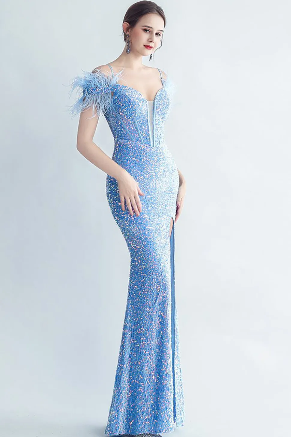 Ombro frio Sequins Blue Corset Prom Dress com penas