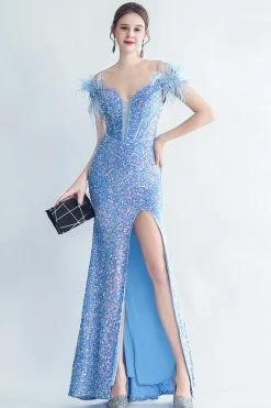 Ombro frio Sequins Blue Corset Prom Dress com penas