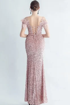 Ombro frio Sequins Blue Corset Prom Dress com penas